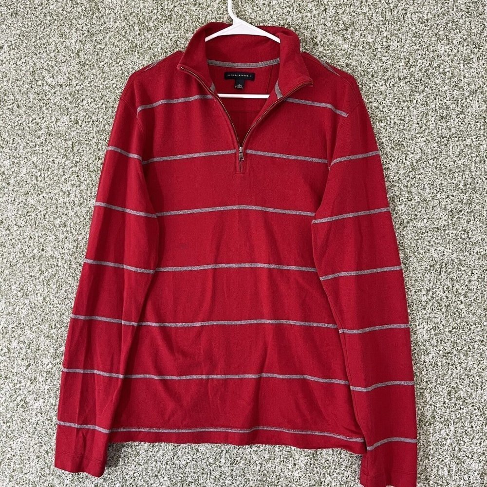 Banana Republic Sweater Mens Medium Red Gray Striped Quarter Zip Classic Preppy